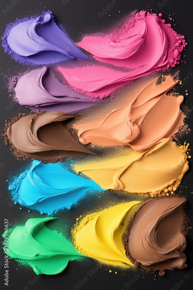 Poster colorful array of painted textures on a black background showcasing artistic materials