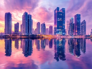 Naklejka premium Vibrant watercolor skyline of a modern city with skyscrapers at sunset, reflecting in the water, blending art with urban scenery.