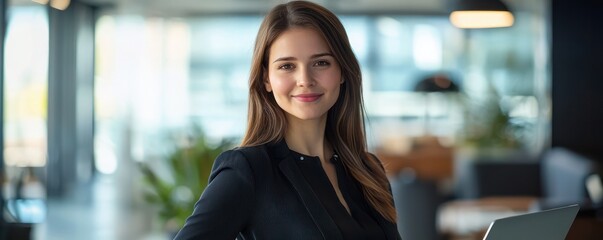 Confident businesswoman standing in office with laptop. Smiling female executive leader, young entrepreneur looking at camera in modern corporate environment