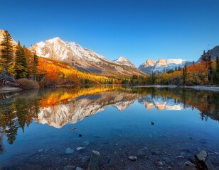 Fototapeta premium Crystal-Clear Lake at the Base of Towering Snow-Capped Mountains, Reflecting the Majestic Peaks and Vibrant Colors of the Surrounding Trees in the Early Morning Light