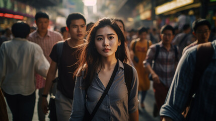 Obraz premium Backpack tourist south east asian woman backpacker tourist with backpack walking smile in the busy crowd
