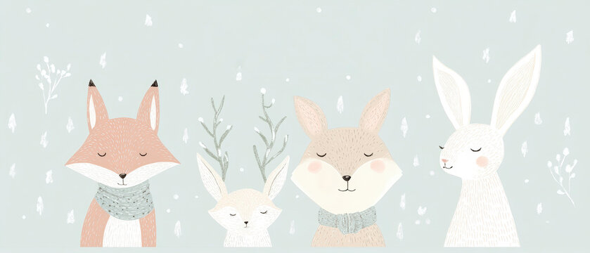  The whimsical   winter card template design includes charming woodland animals, and gentle snowfall  in soft peach and white tones with knitted scarves against a light blue background. Generative AI