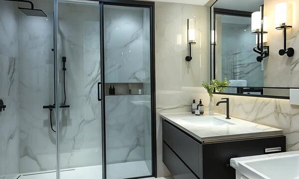 Modern bathroom design featuring a luxurious walk-in shower and elegant black accents, highlighting sleek aesthetics and sophisticated elements