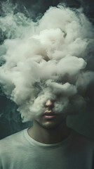 Young man exhales a thick cloud of smoke, obscuring his face and creating a dramatic, ethereal effect