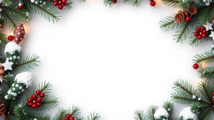 Pine tree wreath with Christmas decorations and blank space in middle top view isolated on white background, white background, Christmas