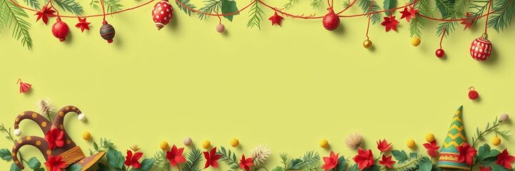 Playful and festive frame with jester hats and whimsical foliage for celebrations and events greeting card, festive, playful