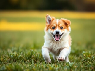 Playful happy pet dog puppy running in a grass field with a big smile on its face, pet, running