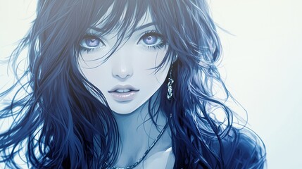 Fototapeta premium Calm Japanese anime character girl with flowing hair in soft colors