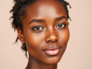 Fototapeta premium Portrait of young African woman with flawless facial skin, on beige background with copy space, beauty care banner template, cosmetics, natural