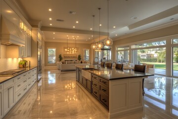 Fototapeta premium modern kitchen design, contemporary open kitchen with sleek cabinets and a large island, accented by chic pendant lights, perfect for hosting
