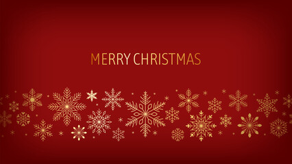 Christmas minimalist banner. Golden snowflakes and thin line text on dark red background.