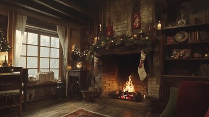 Naklejka premium Step into the heartwarming ambiance of Christmas with this video. A charming, crackling fireplace takes center stage, providing a toasty, snug atmosphere