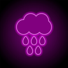 Cloud rain, drops simple icon vector. Flat design. Purple neon on black background