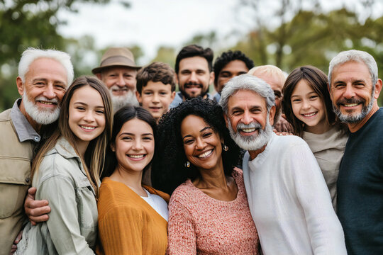 A large group of happy people from different ethnic groups and different generations of people