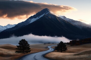 Create a Serene Digital Painting of a Majestic Mountain Landscape