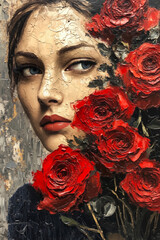 A painting of a woman with red roses in her hair