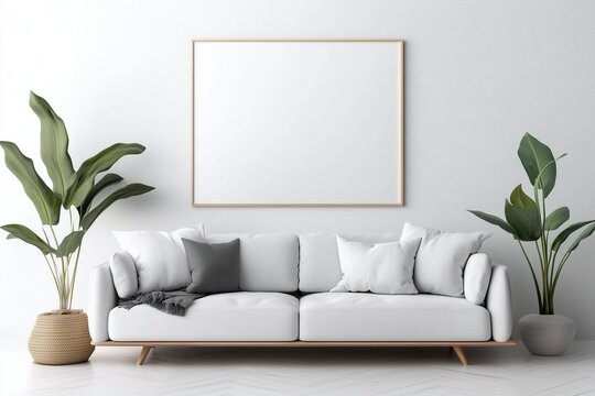 blank proster fream in living Room with a light gray sofa