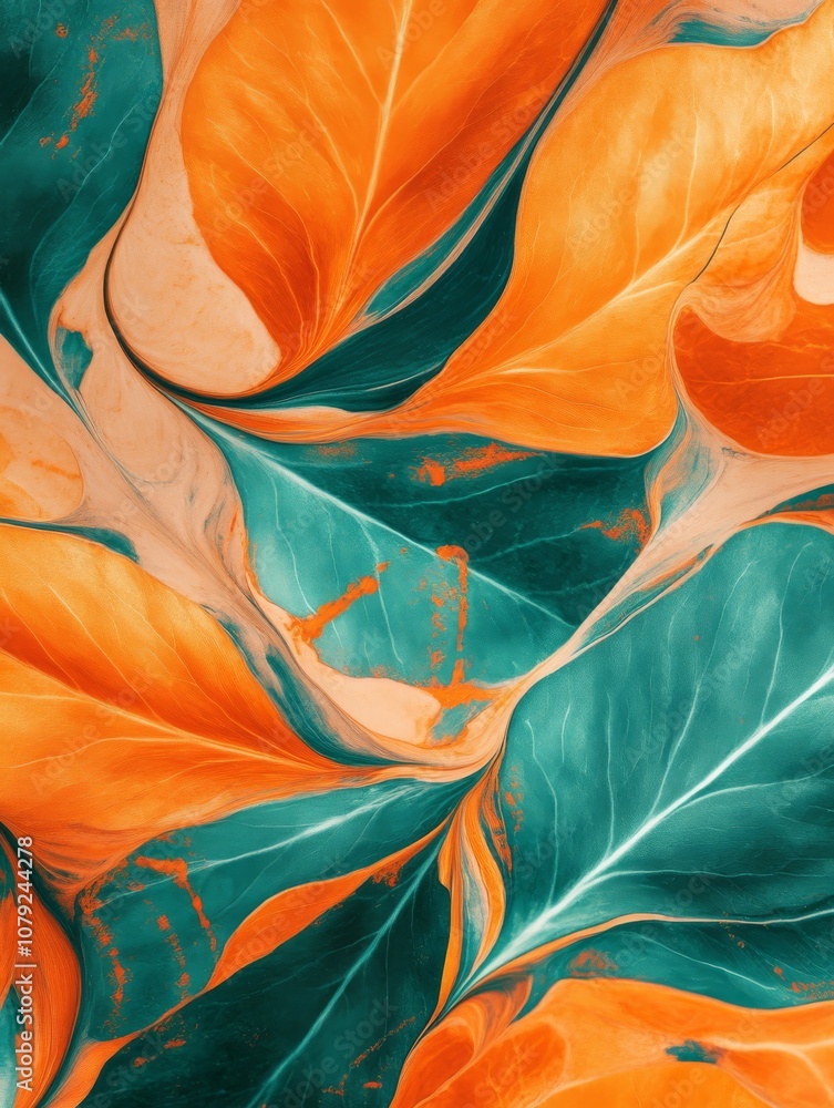 Poster an artistic closeup captures the vibrant orange and teal leaves, showcasing the intricate textures a