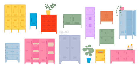 Set of colorful lockers room cabinet for modern interior. Steel lockers in gym, middle school, high school and gym. Storage cell vector illustration