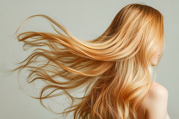 Naklejka premium blonde beautiful hair of a young girl on a light background, back view of hair 