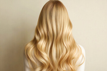Fototapeta premium blonde beautiful hair of a young girl on a light background, back view of hair 