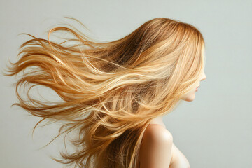 Obraz premium blonde beautiful hair of a young girl on a light background, back view of hair 