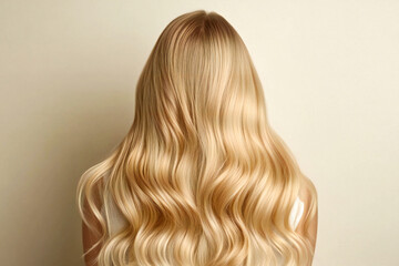 blonde beautiful hair of a young girl on a light background, back view of hair	
