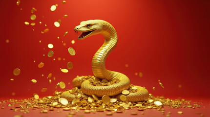 Obraz premium Golden Snake Surrounded by Wealth - Luxury, Prosperity, and Abundance Symbolized by a Fierce Serpent and Gold Coins