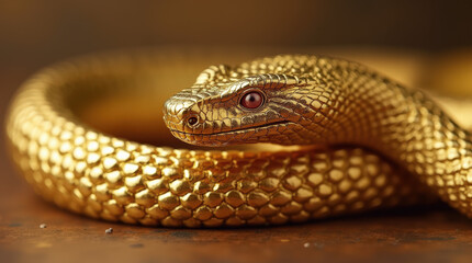 Fototapeta premium Golden Snake Surrounded by Wealth - Luxury, Prosperity, and Abundance Symbolized by a Fierce Serpent and Gold Coins