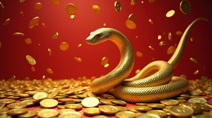 Golden Snake Surrounded by Wealth - Luxury, Prosperity, and Abundance Symbolized by a Fierce Serpent and Gold Coins