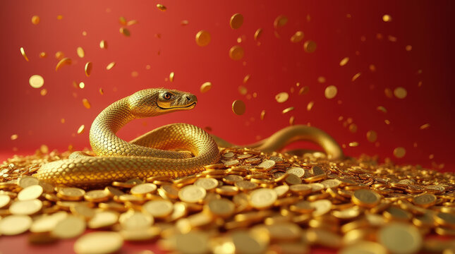 Golden Snake Surrounded by Wealth - Luxury, Prosperity, and Abundance Symbolized by a Fierce Serpent and Gold Coins