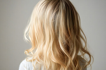 Fototapeta premium blonde beautiful hair of a young girl on a light background, back view of hair 