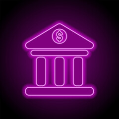 Bank simple icon vector. Flat design. Purple neon on black background