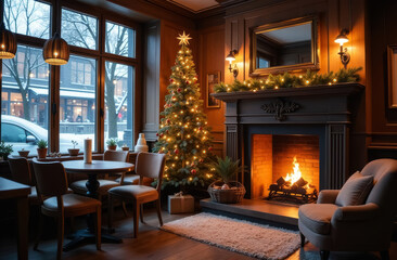 a cozy cafe or restaurant with tables and chairs and a burning fireplace