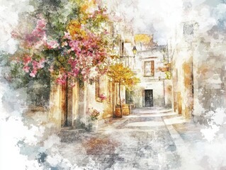watercolor landscape, streets of summer southern city, flowers on the street, sketch style