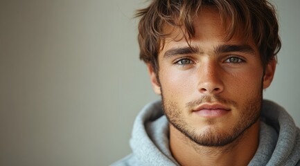 Fototapeta premium Close-up portrait of a young man with a serious expression, looking directly at the camera.