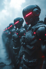 Fototapeta premium A group of robots standing in a line with red lights on their heads