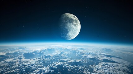 Obraz premium Night sky with the moon rising over the clouds. Concept of cosmic peace and wonder, Generative AI.