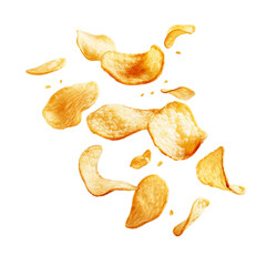 Flying potato chips, crispy potato chips isolated on transparent background.