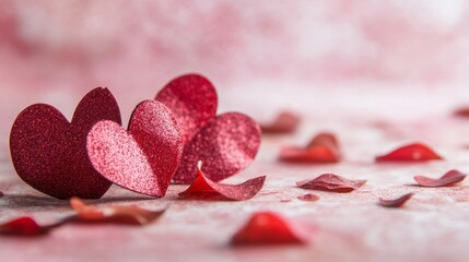  Valentine's Day background with red hearts and gift box on pink background with copy space
