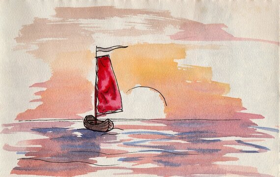 Watercolor paintings, seascape, a ship with a starfish on the background of the sun, morning in the ocean.