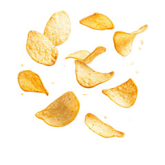 Flying potato chips, crispy potato chips isolated on transparent background.