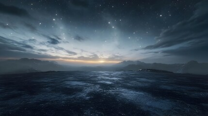 Night Sky Over Mountains and a Frozen Lake, 3d Illustration