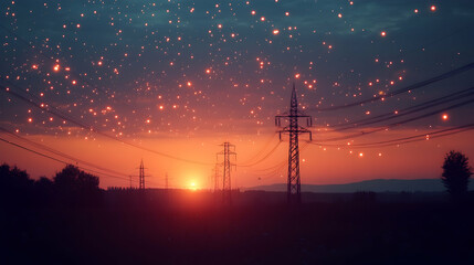 Power lines against a sunset with glowing dots representing the flow of electricity through the grid