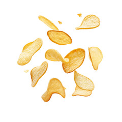 Flying potato chips, crispy potato chips isolated on transparent background.