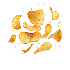 Flying potato chips, crispy potato chips isolated on transparent background.