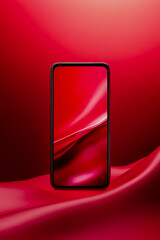 A red phone is on a red surface.