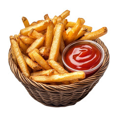 French fries in basket with ketchup isolated on transparent background.