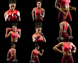 African American woman in athletic attire demonstrates different fitness exercises, including boxing, weightlifting, and measuring her waist, reflecting her commitment to health and fitness.