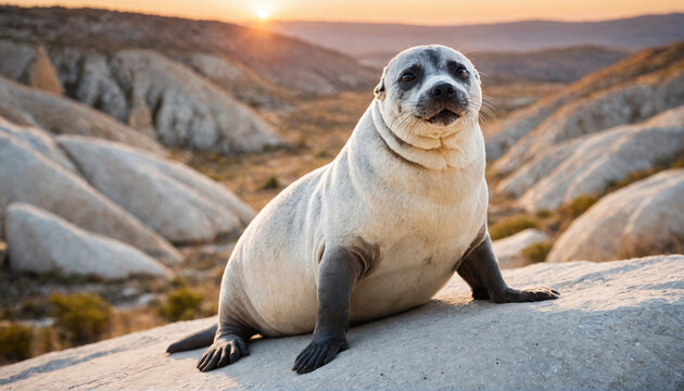 A seal sits on a rocky hill overlooking the landscape at sunset - Powered by Adobe